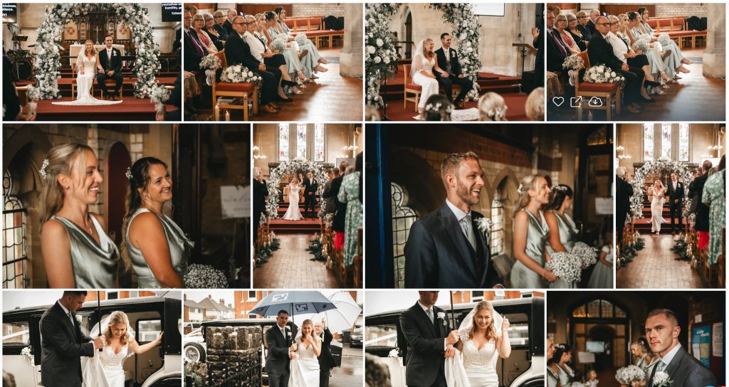 Screenshot of a private online wedding gallery showing a grid of ceremony, guest and couple photos